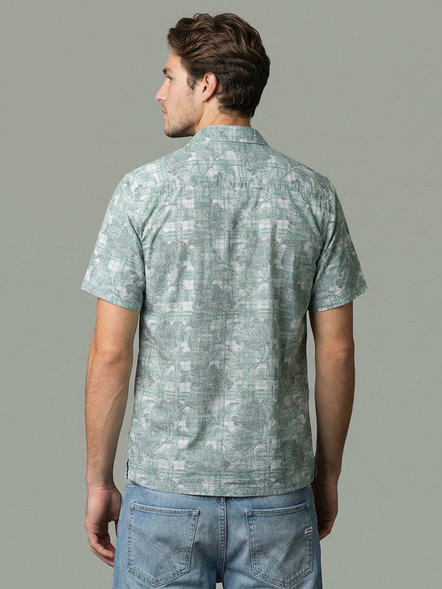 Men Green Floral Print Cuban Collar Shirt