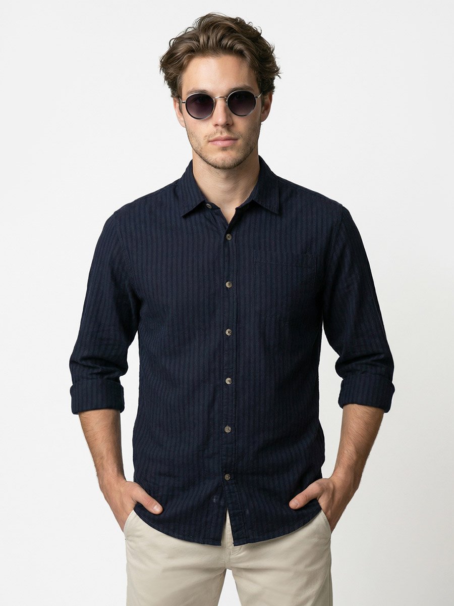 Men Navy Blue Striped Spread Collar Shirt