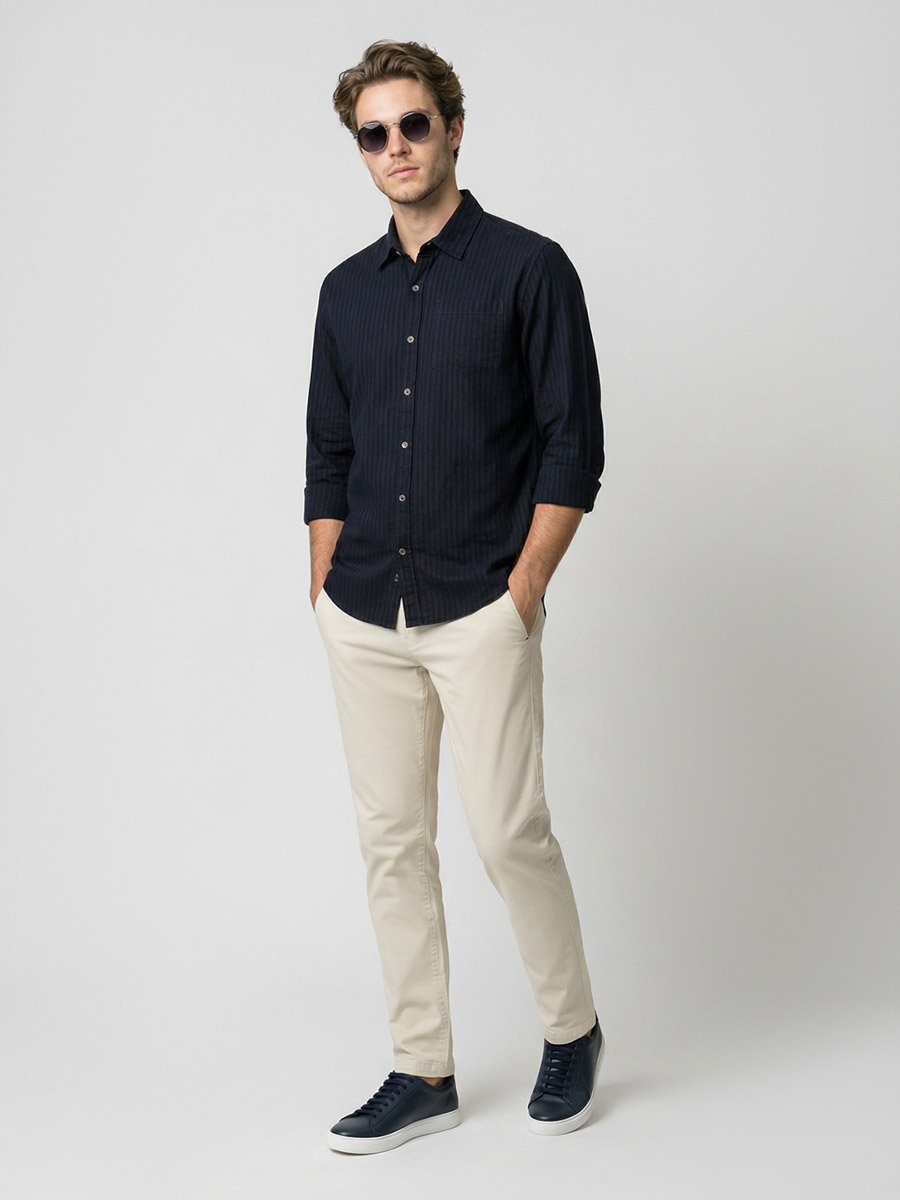 Men Navy Blue Striped Spread Collar Shirt