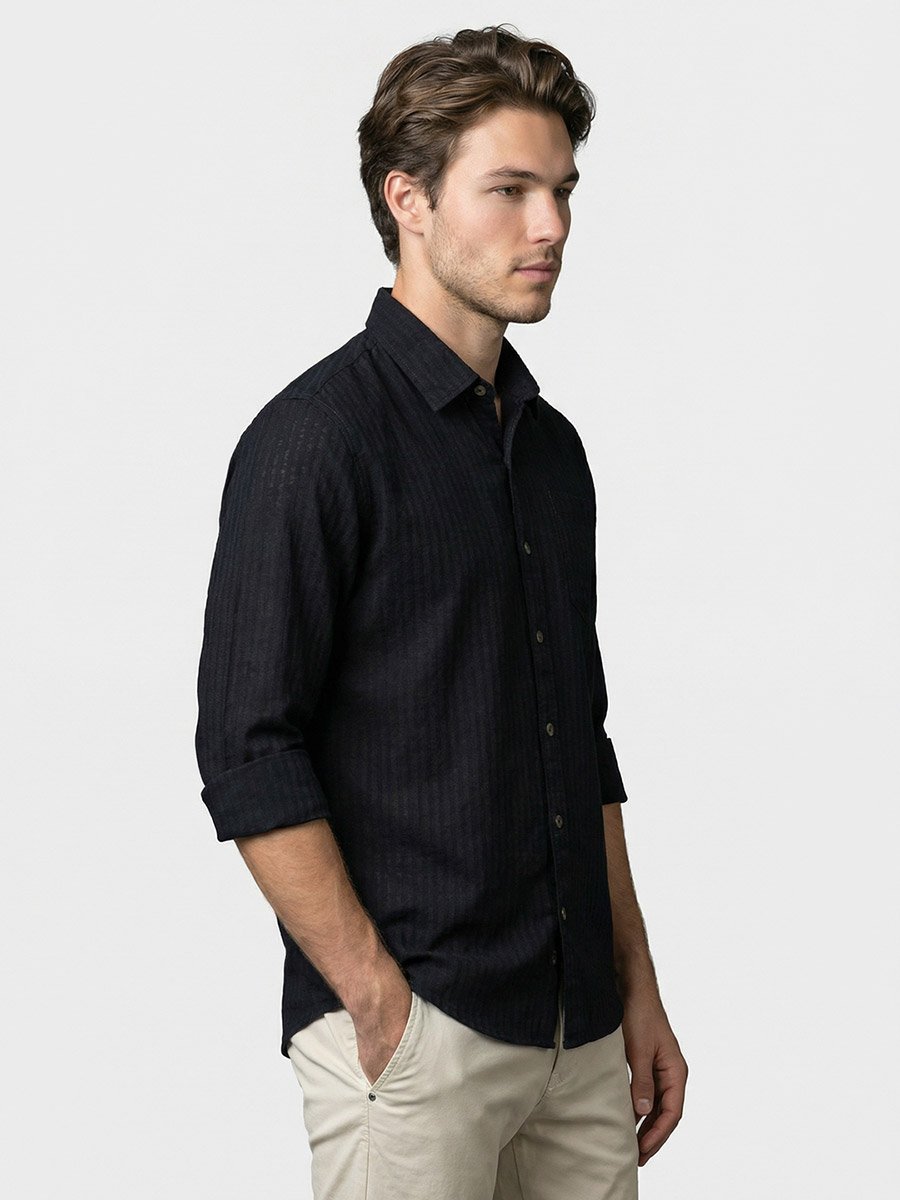 Men Navy Blue Striped Spread Collar Shirt