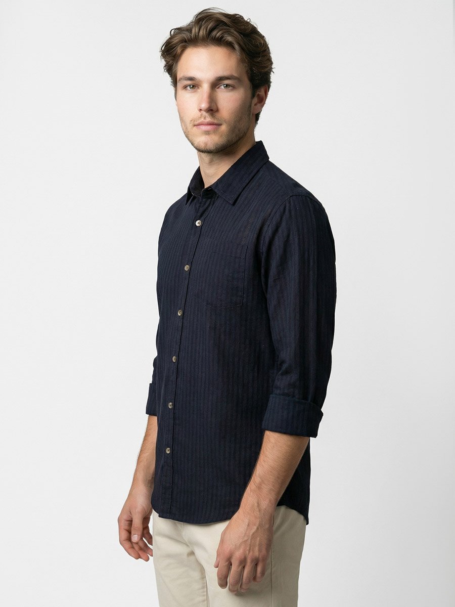 Men Navy Blue Striped Spread Collar Shirt