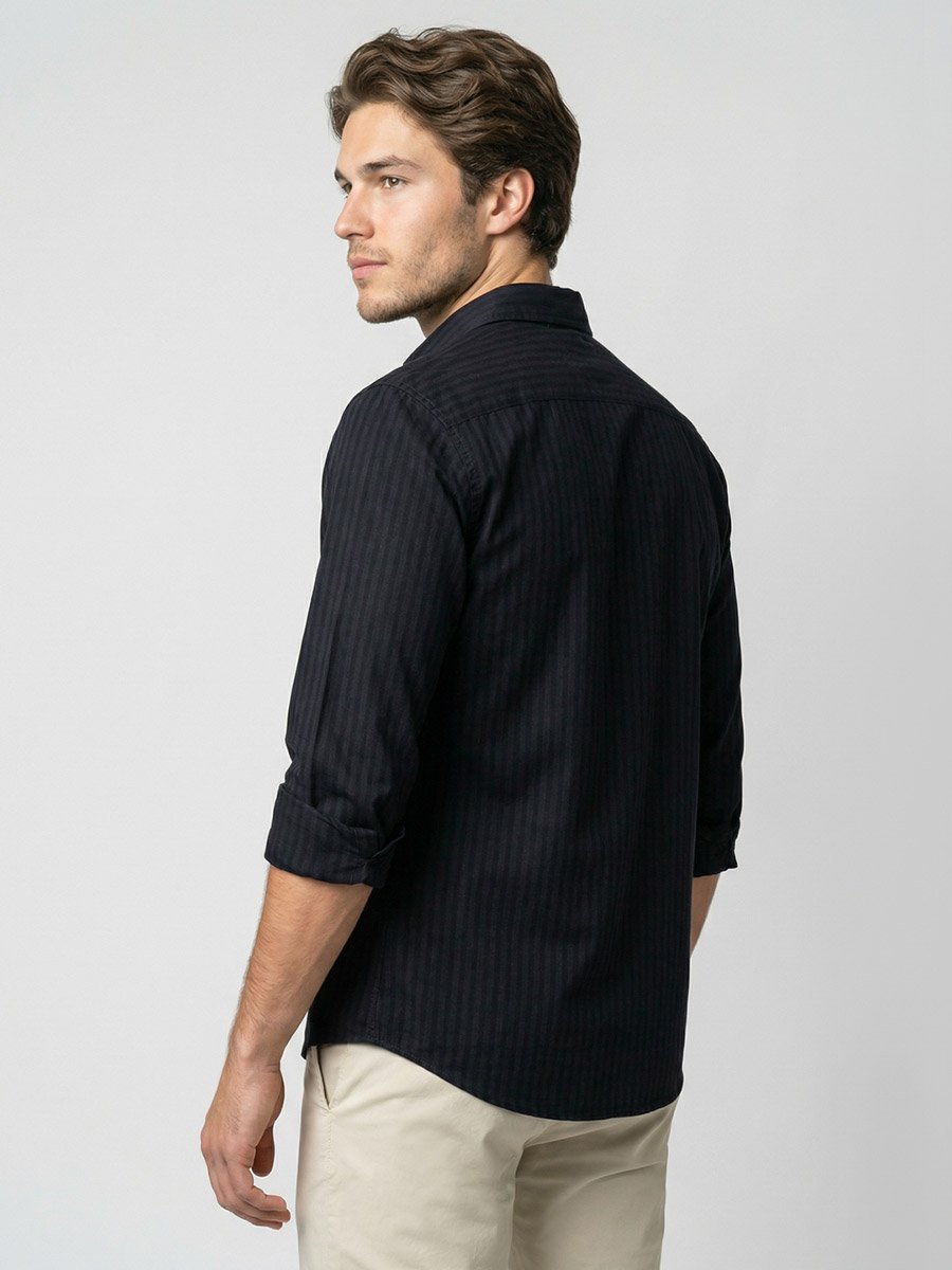 Men Navy Blue Striped Spread Collar Shirt