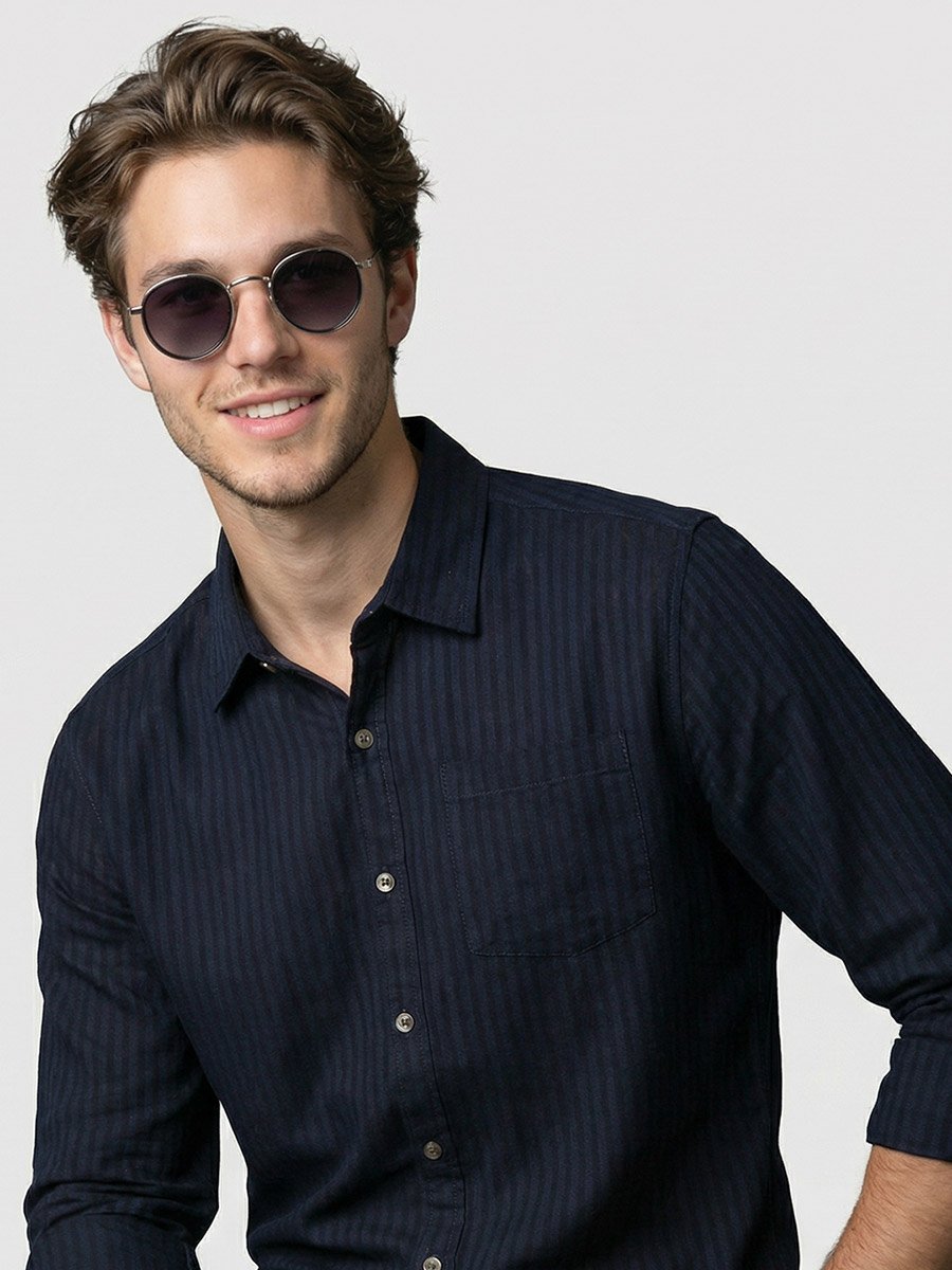 Men Navy Blue Striped Spread Collar Shirt