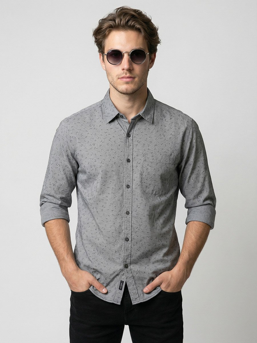 Men Grey Printed Spread Collar Shirt