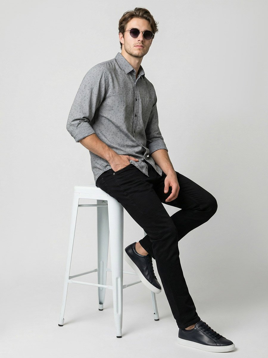 Men Grey Printed Spread Collar Shirt