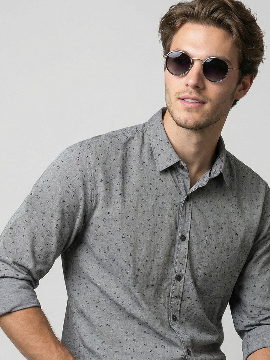 Men Grey Printed Spread Collar Shirt