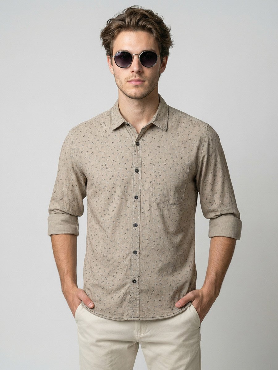 Men Beige Floral Print Long Sleeve Shirt