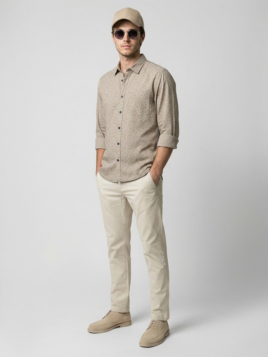 Men Beige Floral Print Long Sleeve Shirt