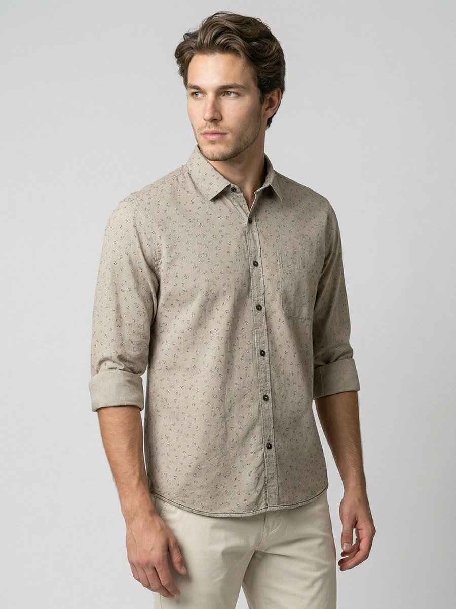 Men Beige Floral Print Long Sleeve Shirt