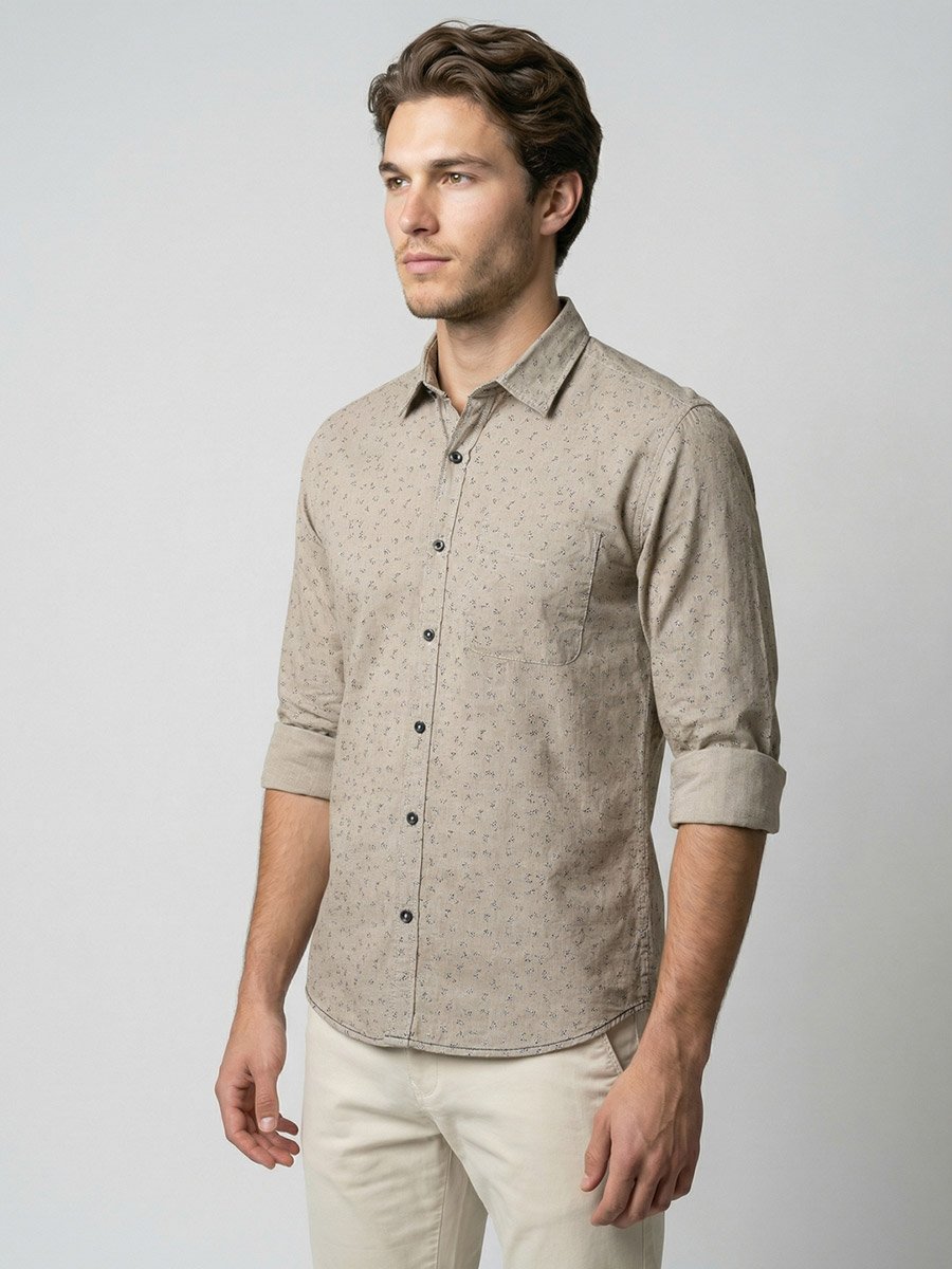 Men Beige Floral Print Long Sleeve Shirt
