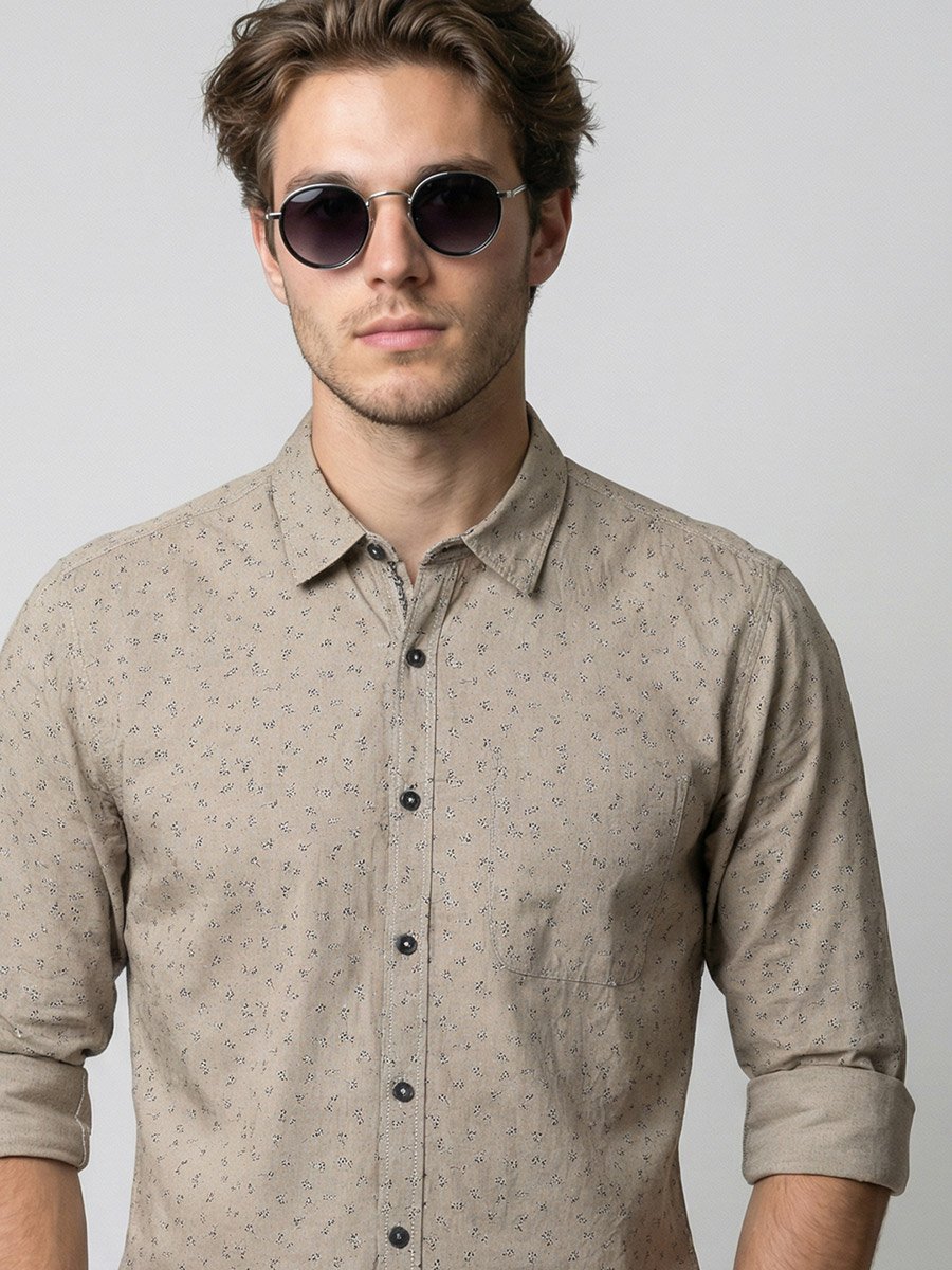 Men Beige Floral Print Long Sleeve Shirt