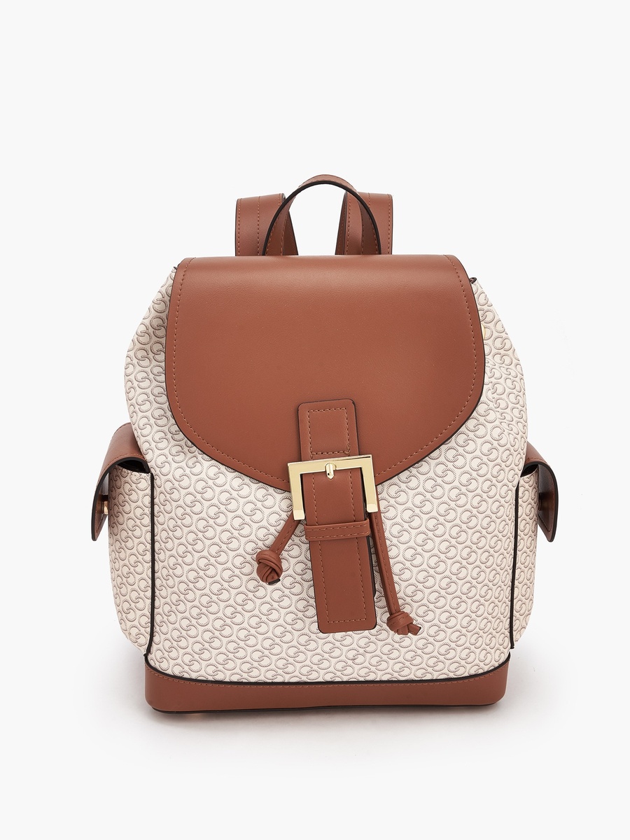 Monogram Print Backpack with Drawstring Closure