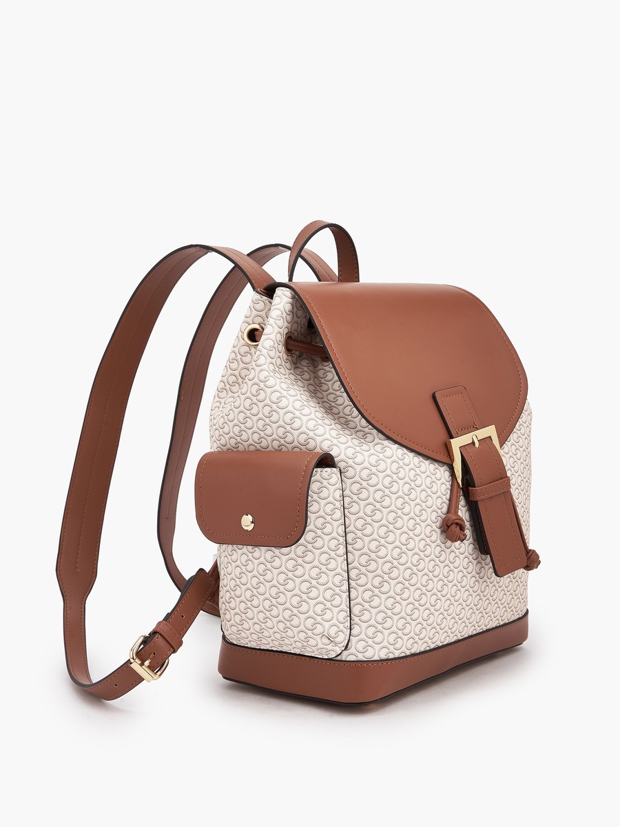 Monogram Print Backpack with Drawstring Closure