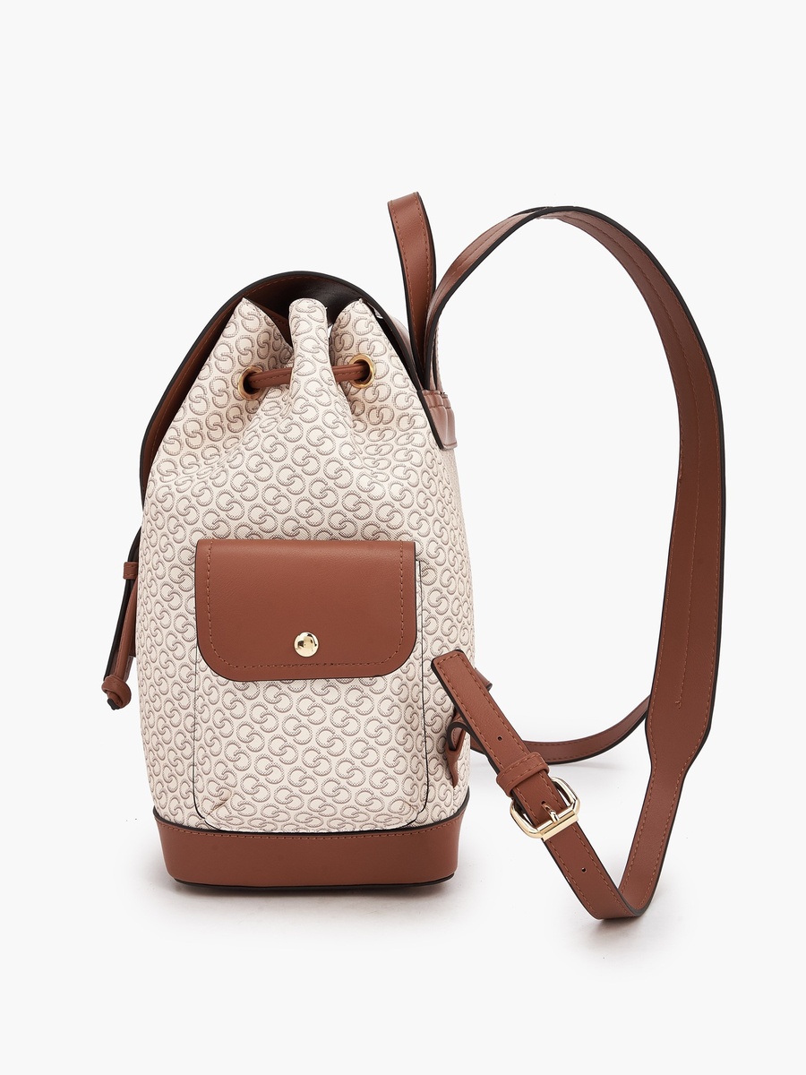 Monogram Print Backpack with Drawstring Closure