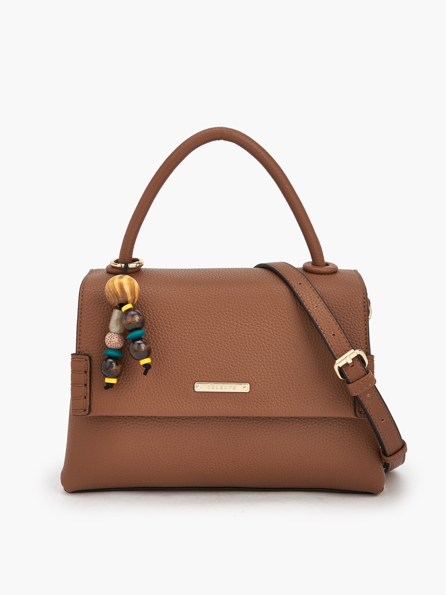 Textured Satchel Bag with Bag Charm
