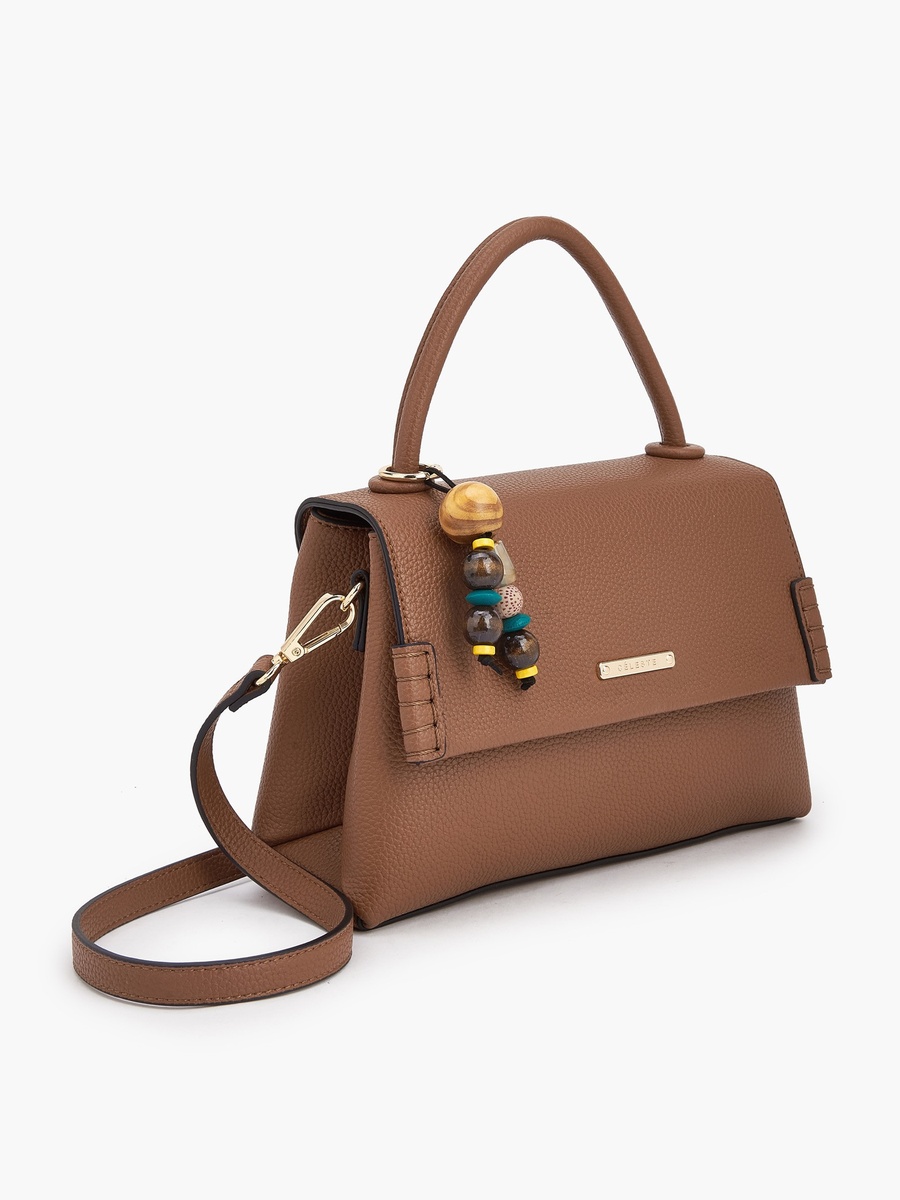 Textured Satchel Bag with Bag Charm