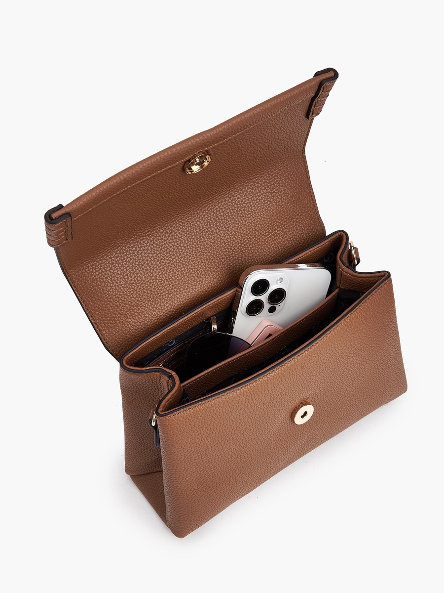 Textured Satchel Bag with Bag Charm