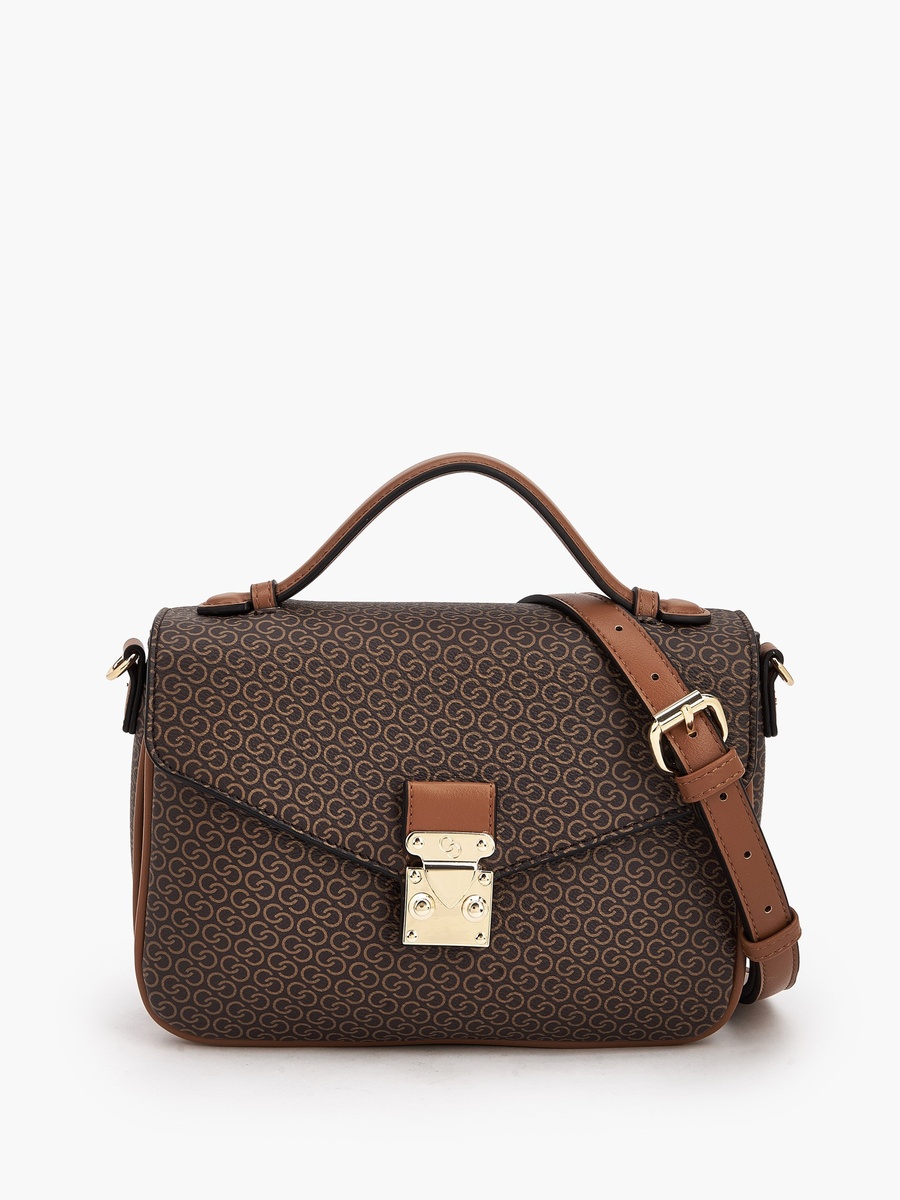 Monogram Print Satchel Bag with Button Closure