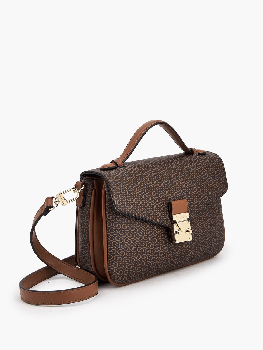 Monogram Print Satchel Bag with Button Closure