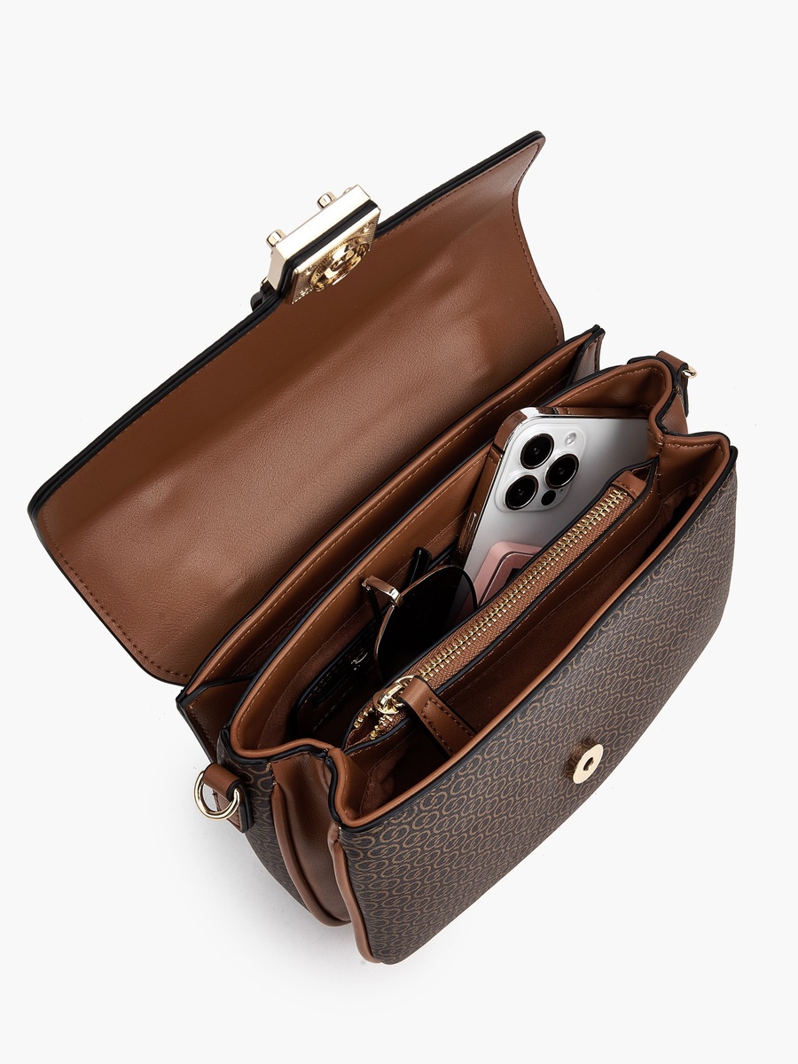Monogram Print Satchel Bag with Button Closure