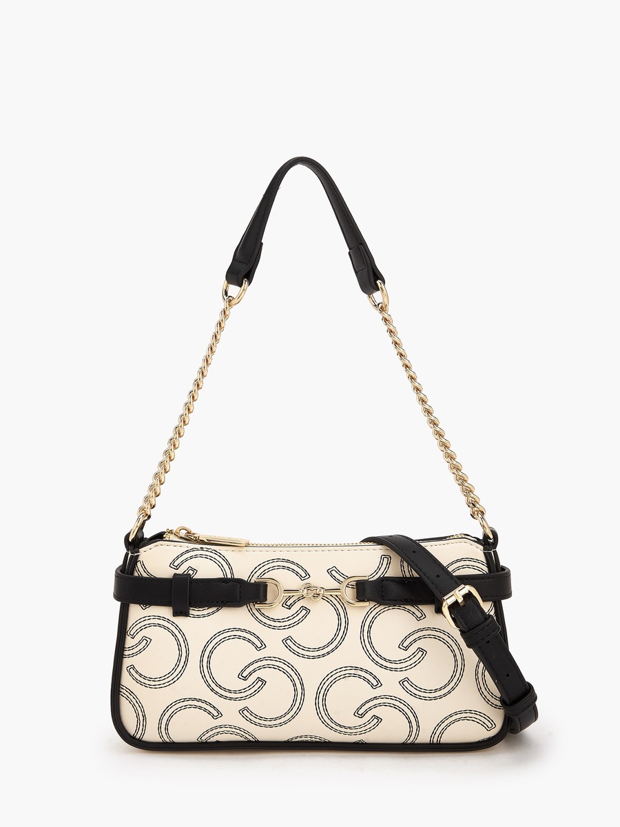 Monogram Embroidered Shoulder Bag with Zip Closure