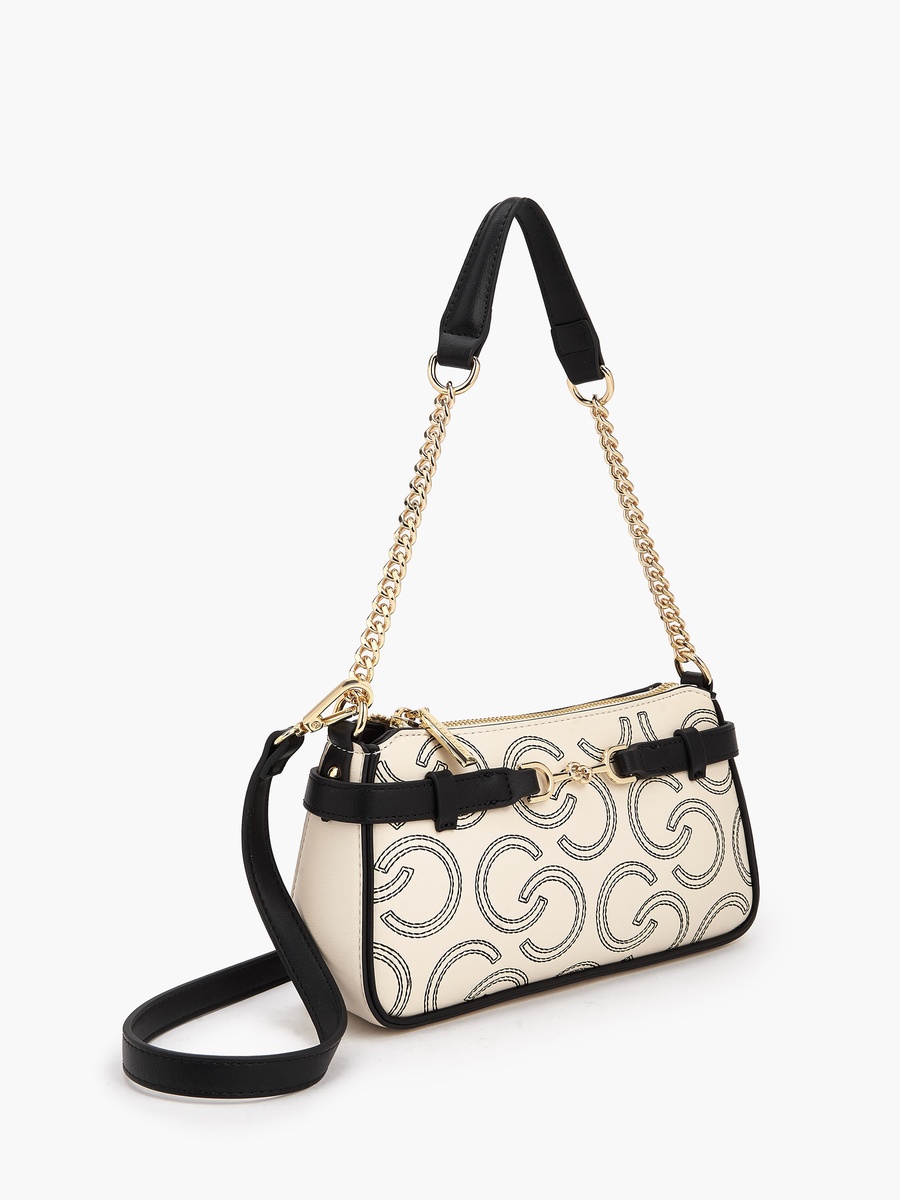 Monogram Embroidered Shoulder Bag with Zip Closure