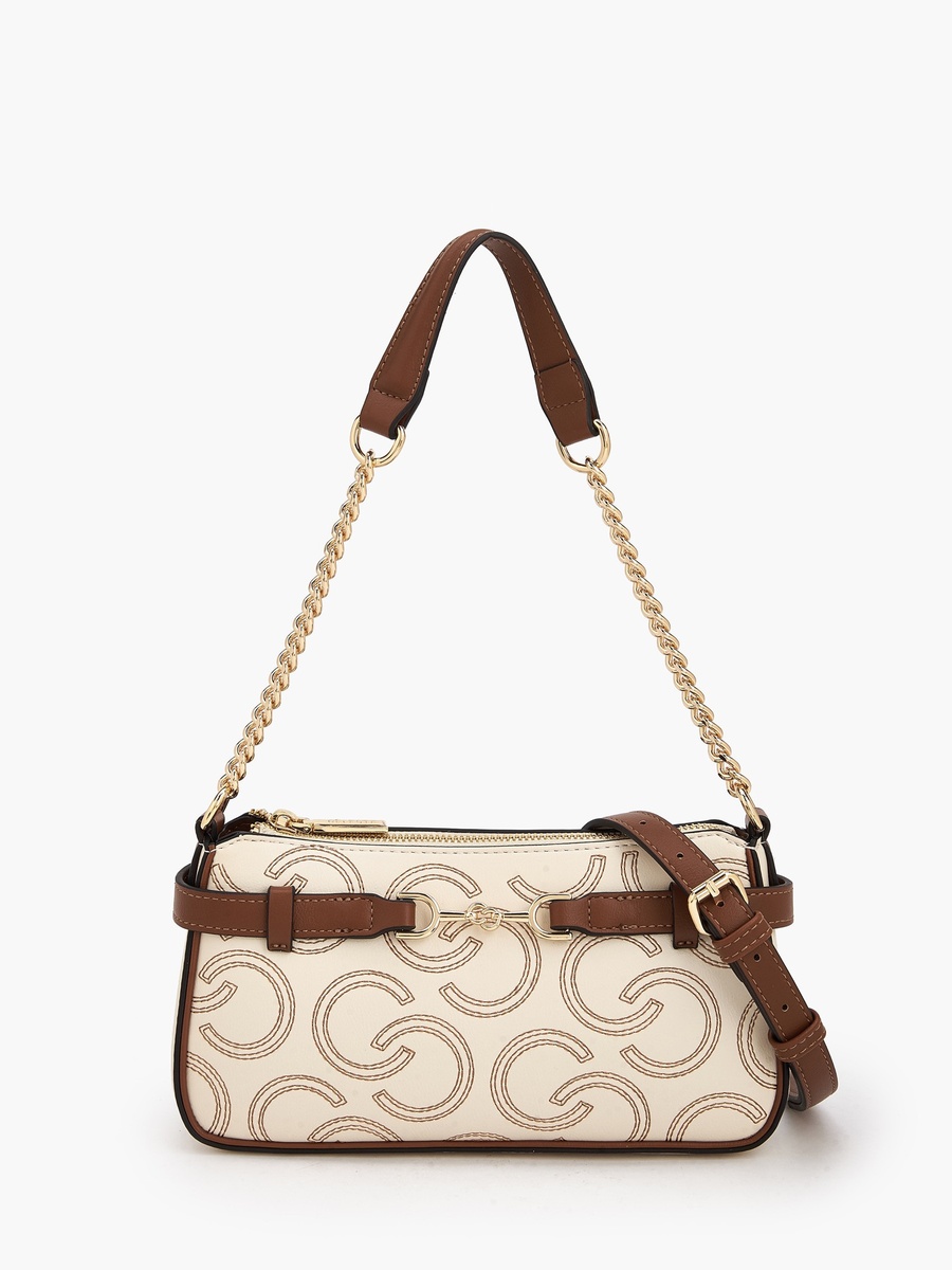 Monogram Embroidered Shoulder Bag with Zip Closure