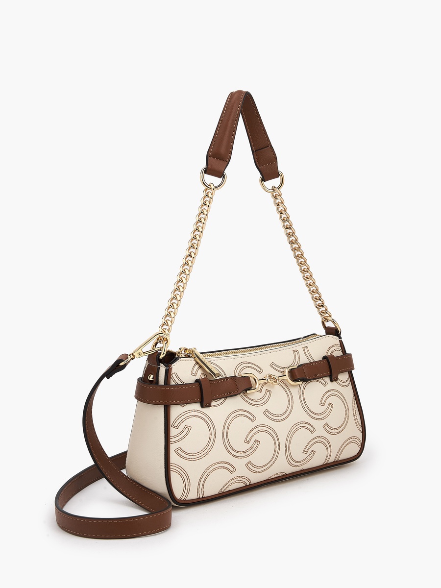 Monogram Embroidered Shoulder Bag with Zip Closure