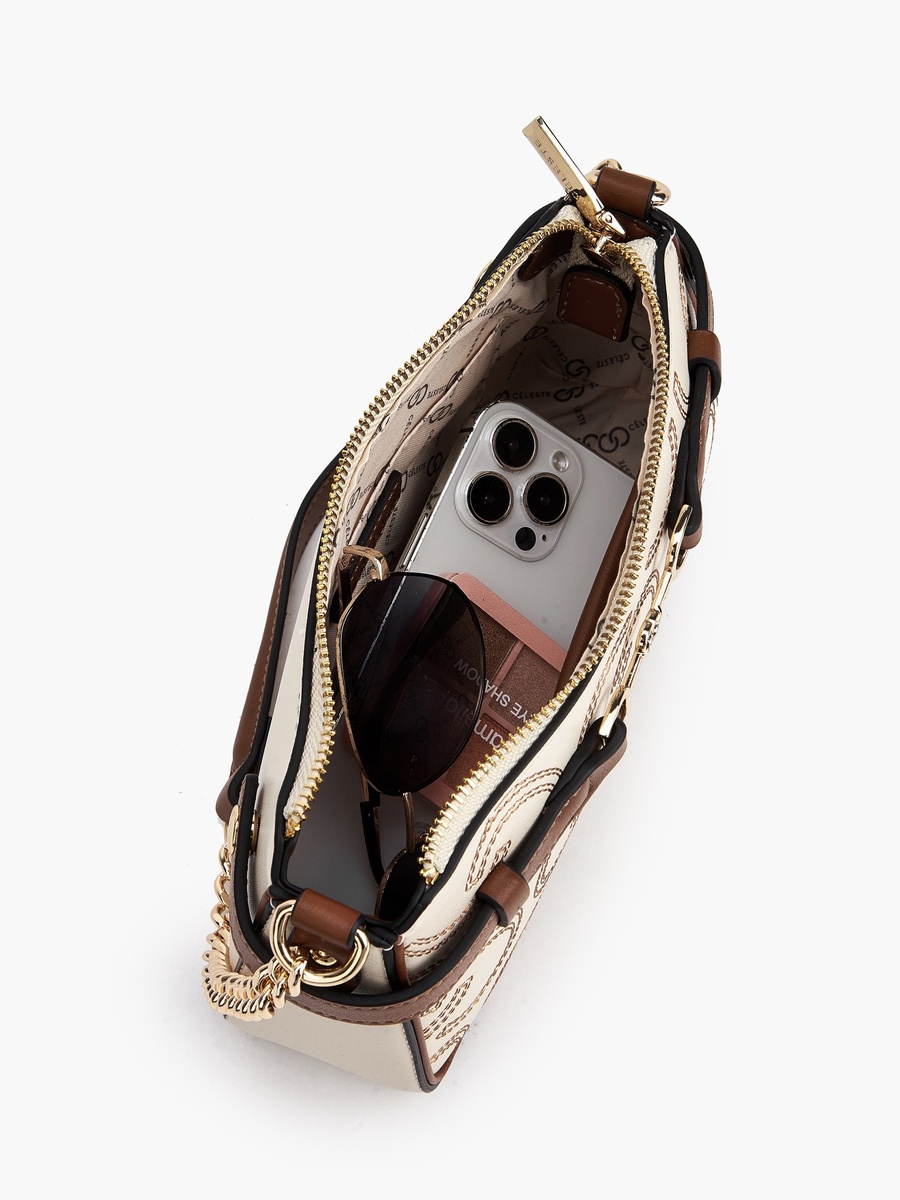 Monogram Embroidered Shoulder Bag with Zip Closure