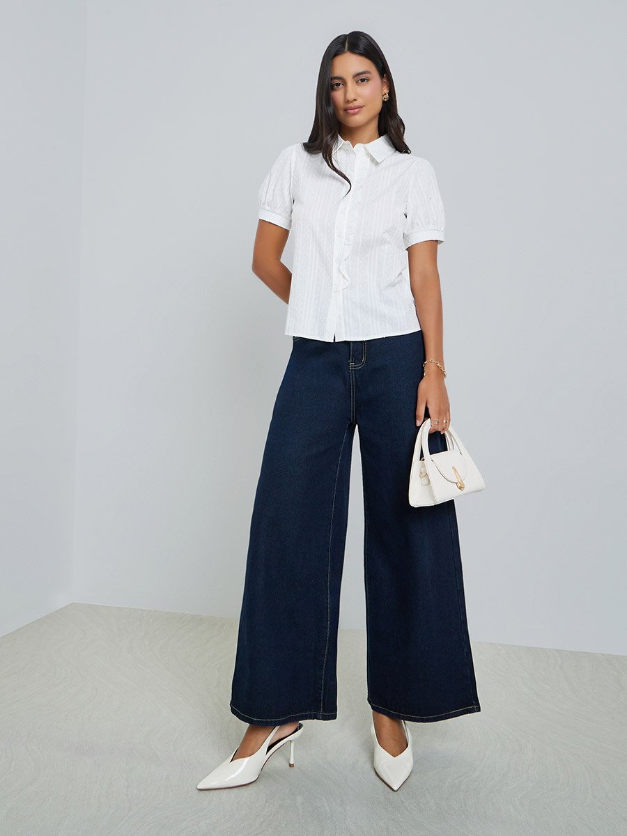 White Ruffle Front Dobby Shirt