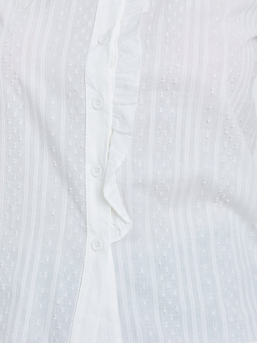 White Ruffle Front Dobby Shirt