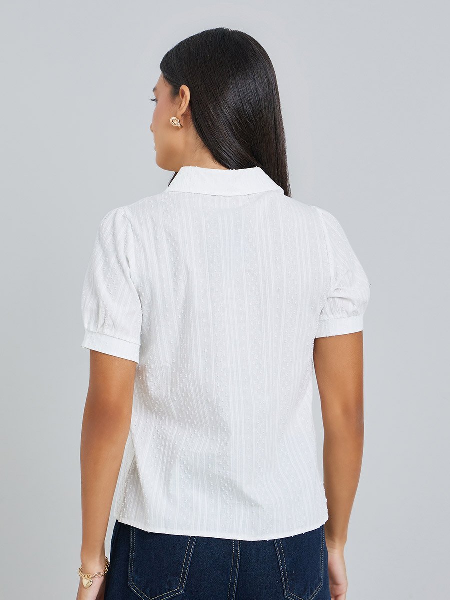 White Ruffle Front Dobby Shirt
