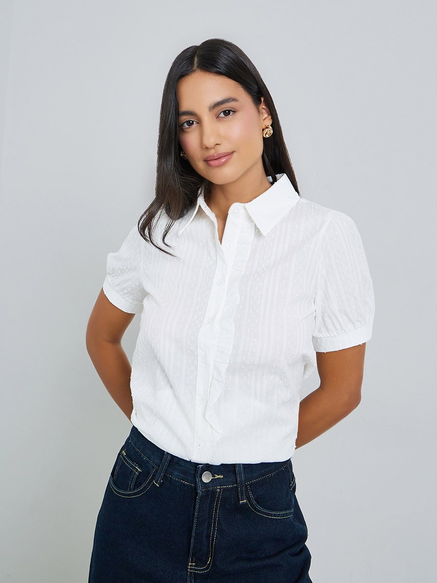 White Ruffle Front Dobby Shirt