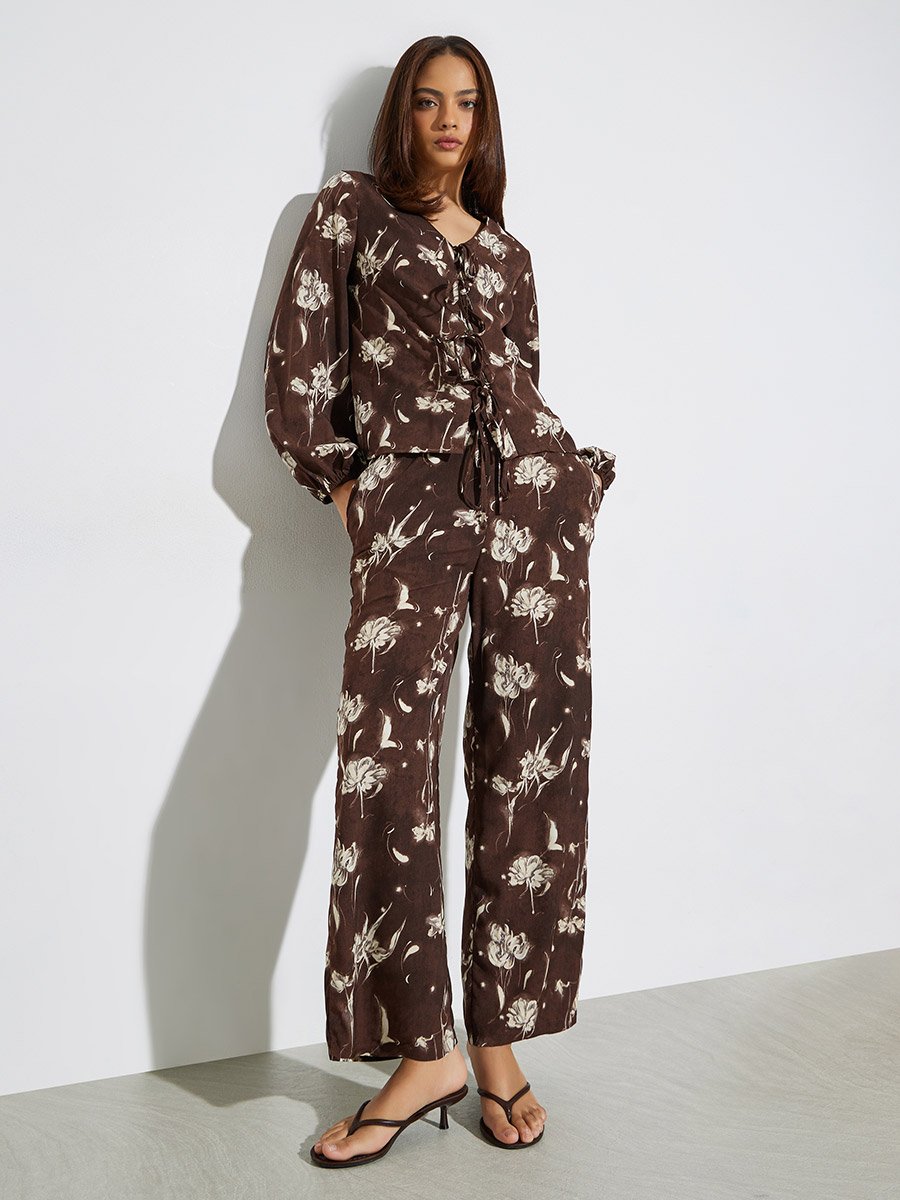 Brown Floral Print Blouse and Wide-Leg Pants Set
