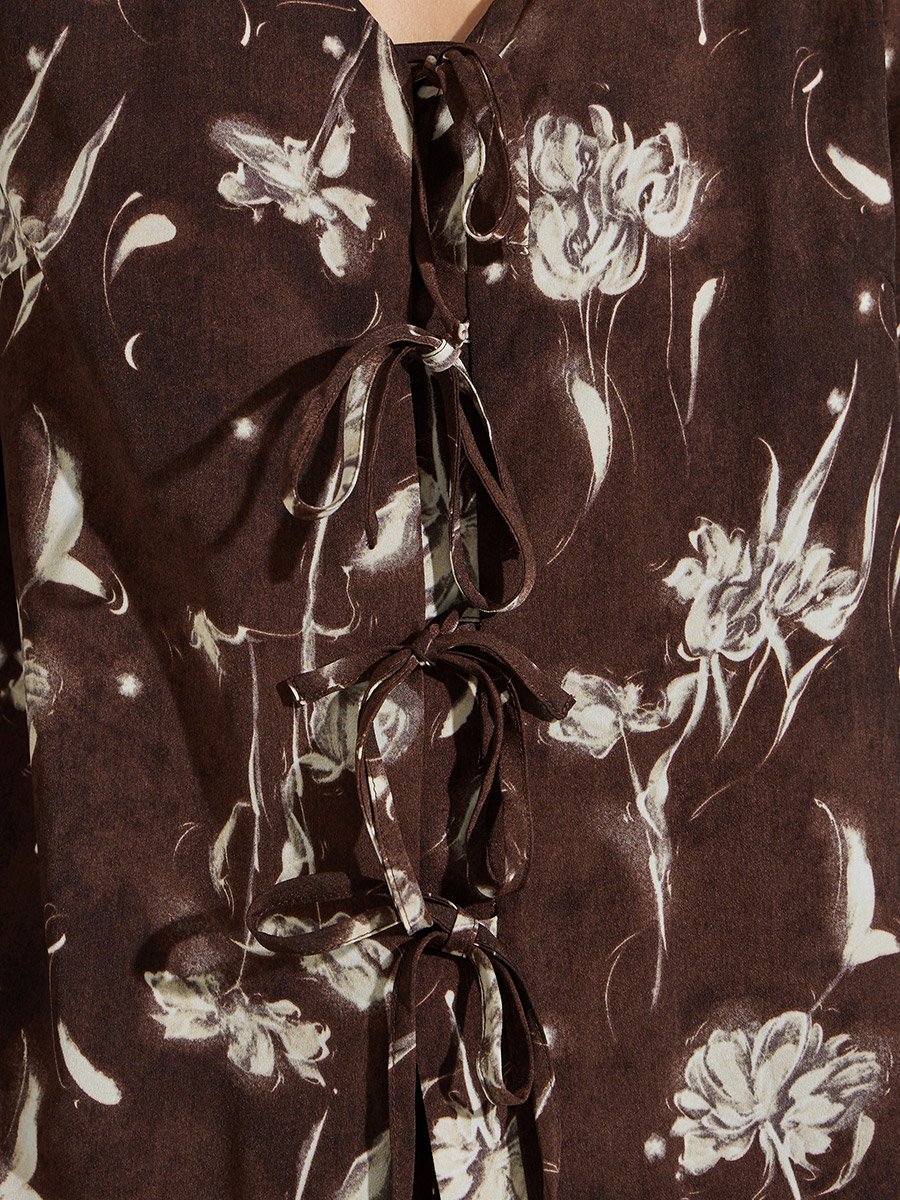 Brown Floral Print Blouse and Wide-Leg Pants Set
