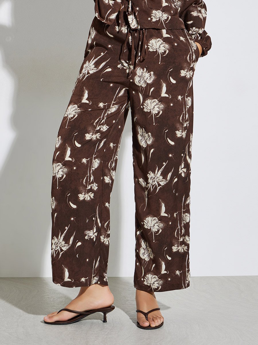 Brown Floral Print Blouse and Wide-Leg Pants Set