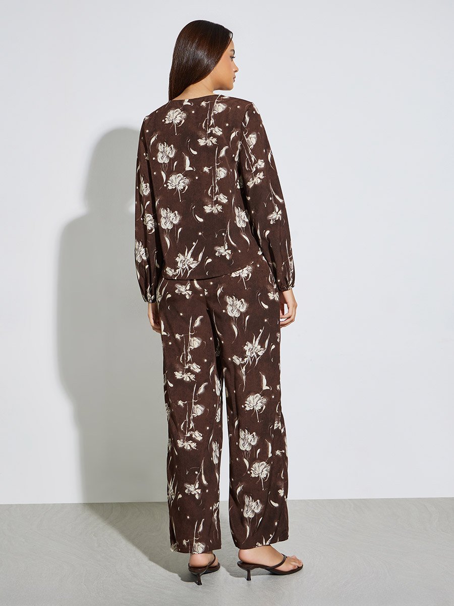 Brown Floral Print Blouse and Wide-Leg Pants Set