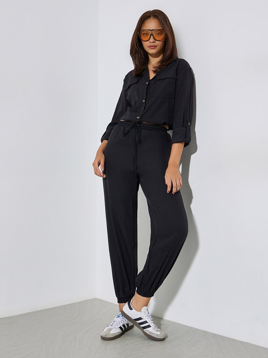Black Roll-Up Sleeve Shirt and Joggers Set