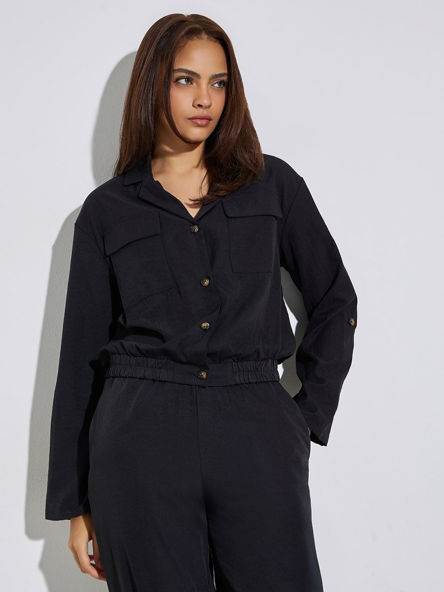Black Roll-Up Sleeve Shirt and Joggers Set