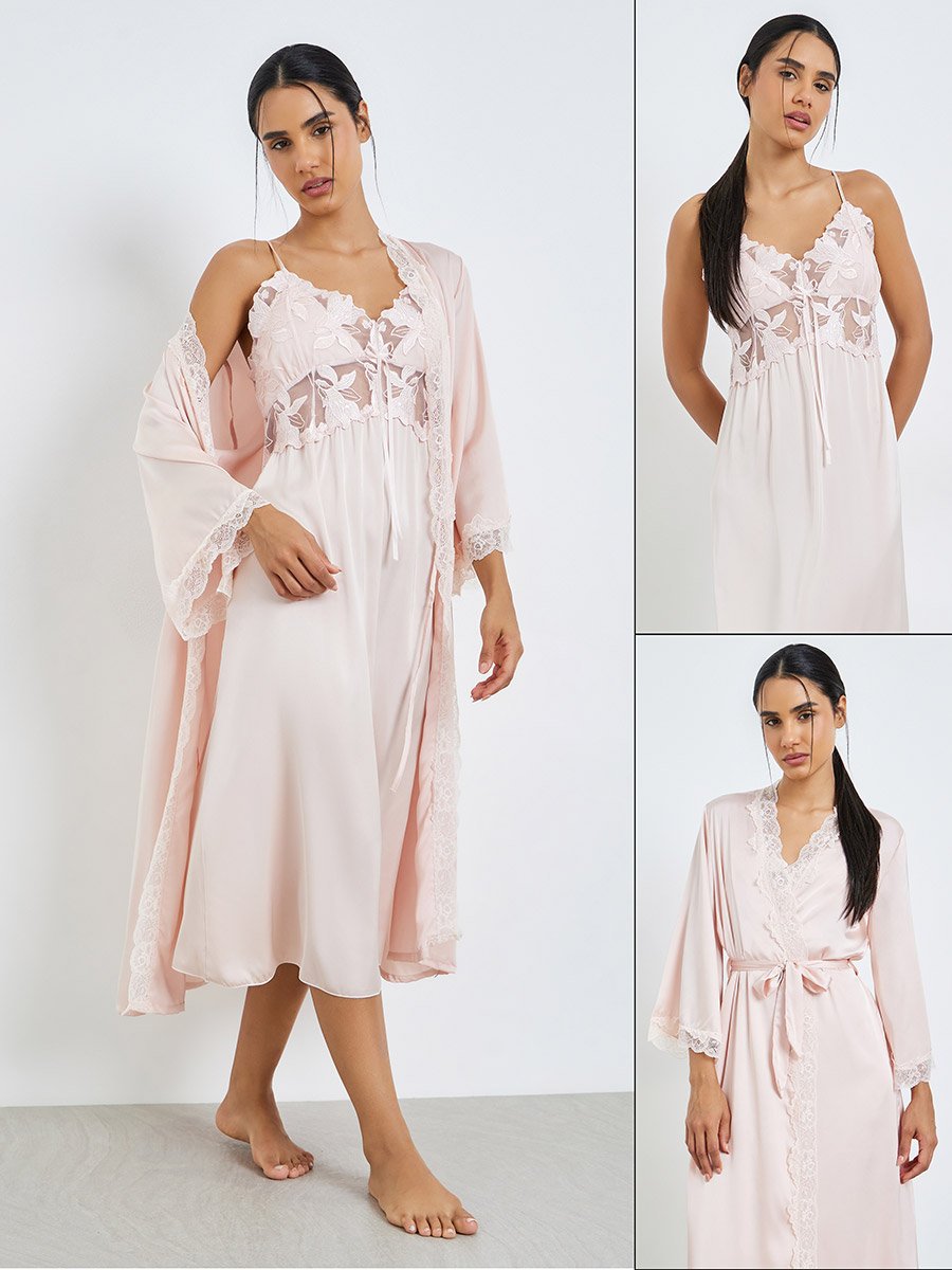 Pack of 2 - Floral Guipure Lace Slip Dress and Robe Set
