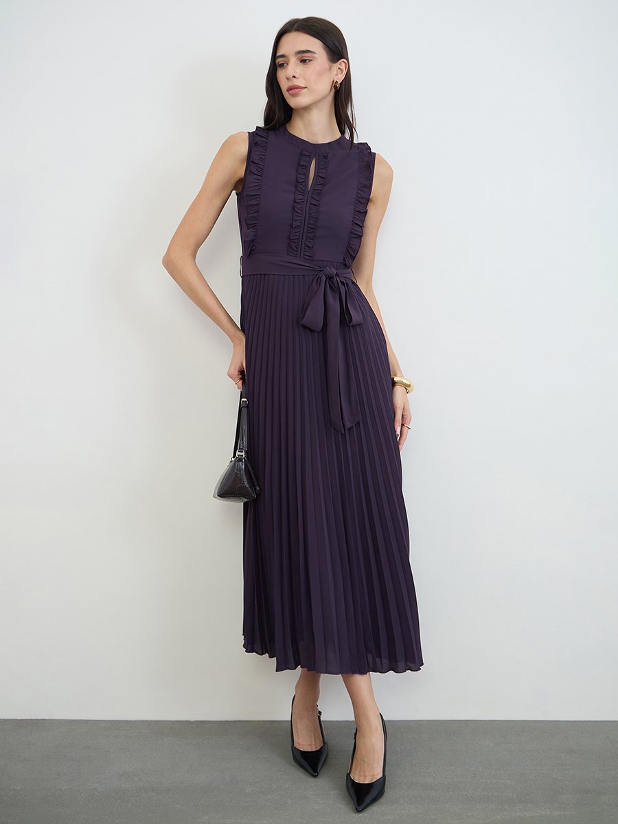 Purple Ruffled Pleated Maxi Dress