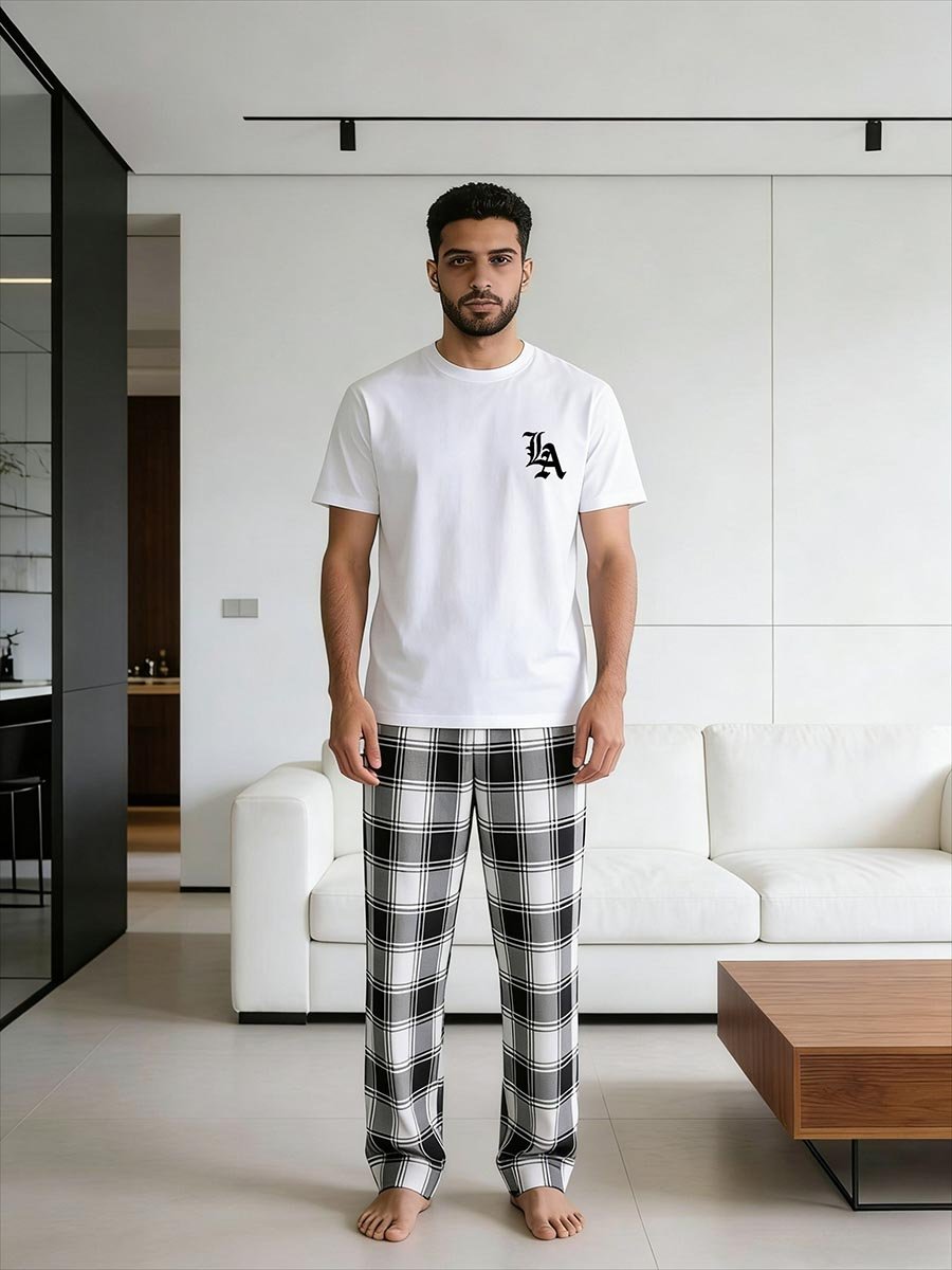 Men Printed Round Neck T-Shirt and Checked Pants Set