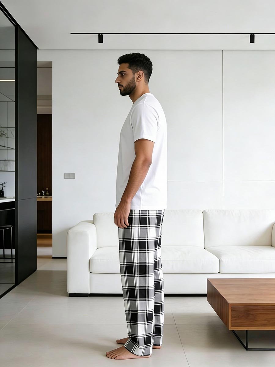 Men Printed Round Neck T-Shirt and Checked Pants Set