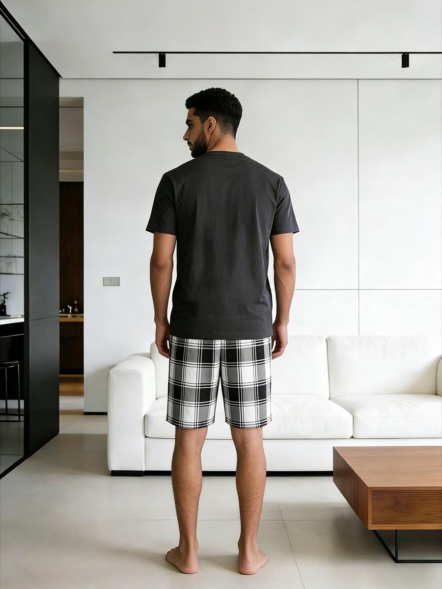 Men Round Neck T-Shirt and Checked Shorts Set