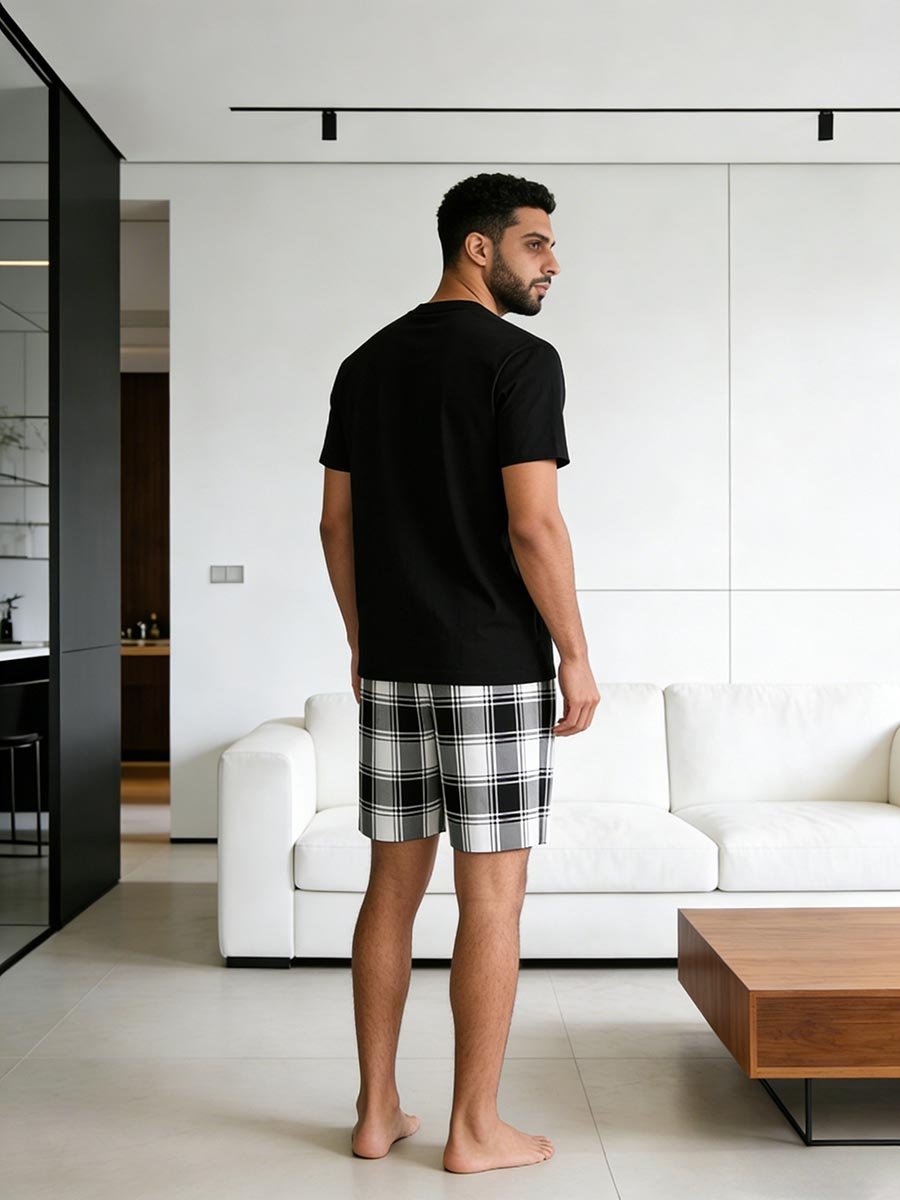 Men Black T-Shirt and Checkered Shorts Pyjama Set