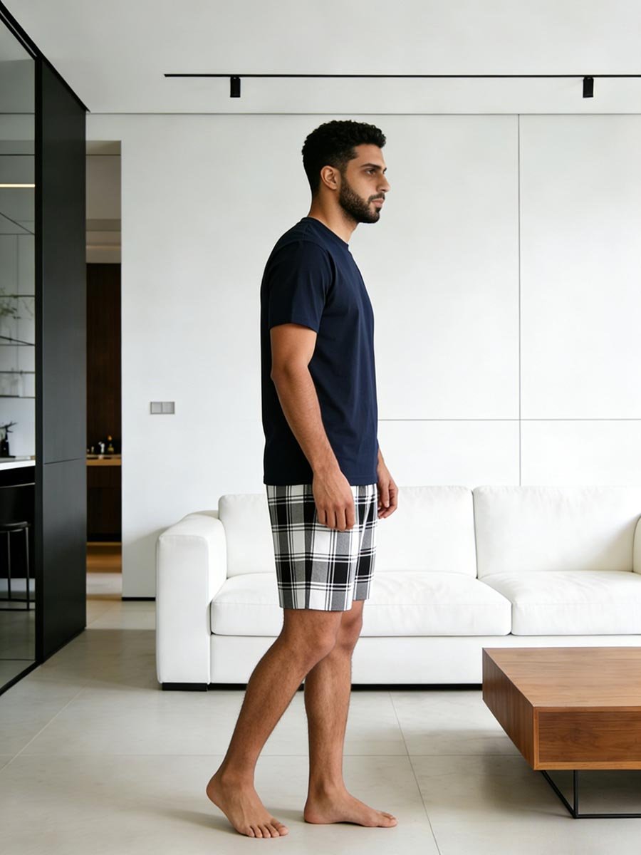 Men Printed Round Neck T-Shirt and Checked Shorts Set