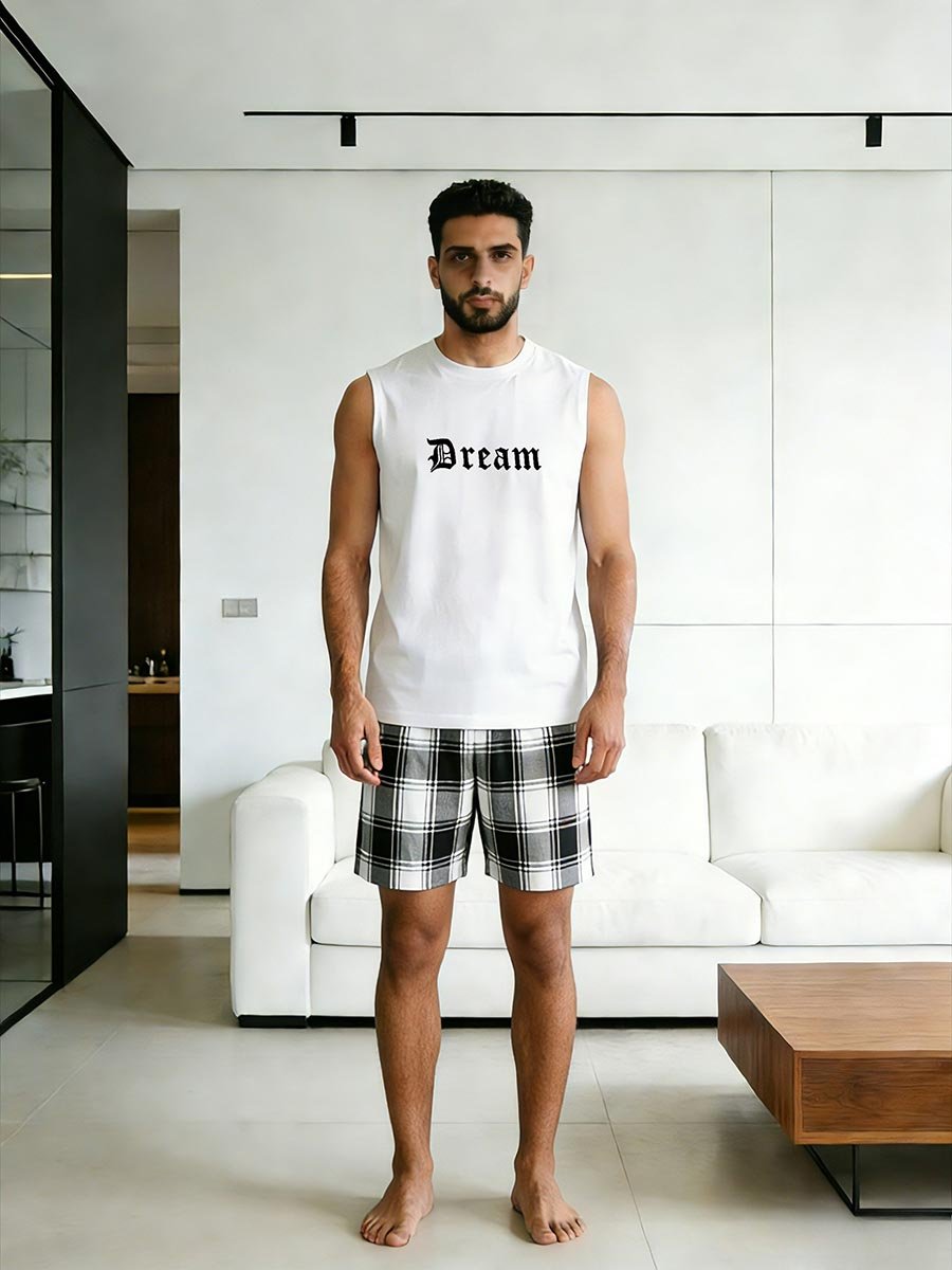 Men Printed Round Neck Tank and Checked Shorts Set