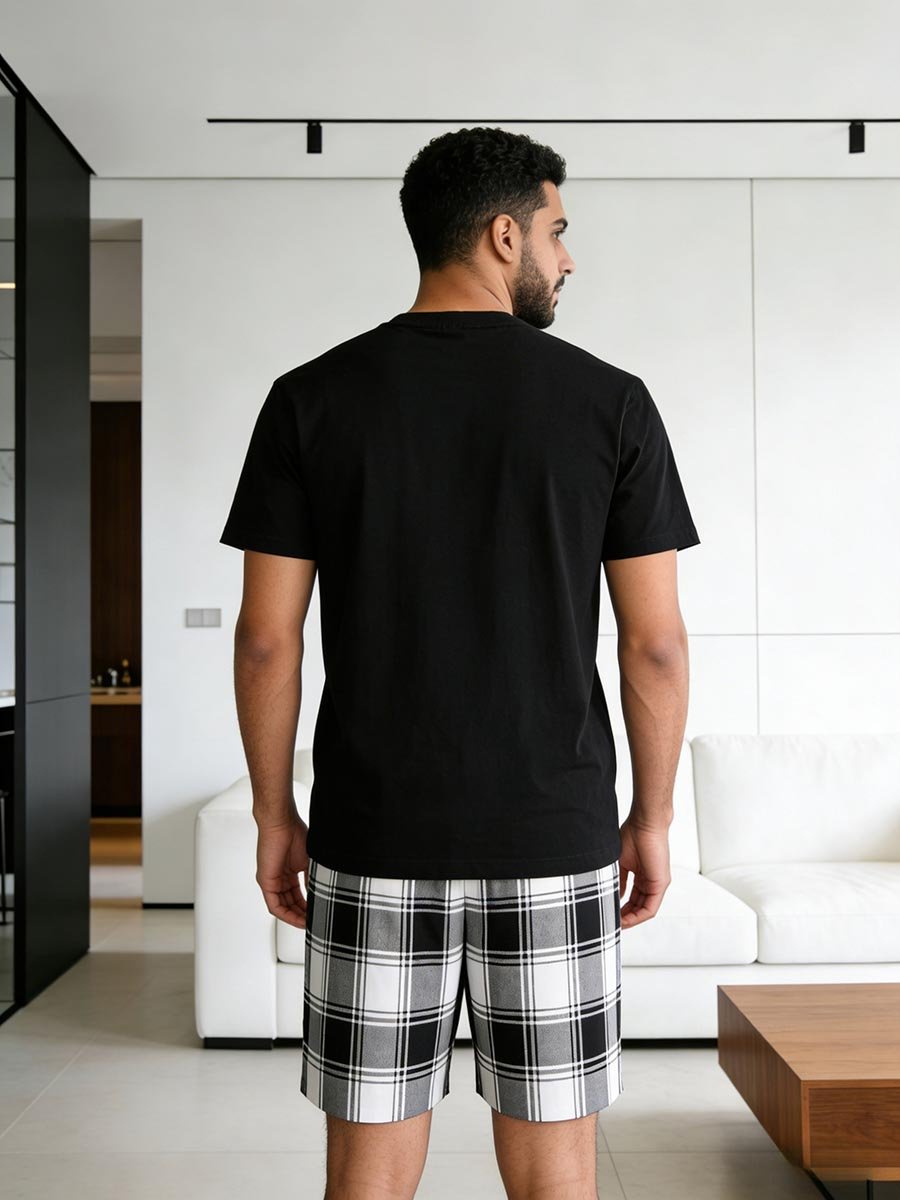 Men Black Solid T-Shirt and Checkered Shorts Pyjama Set
