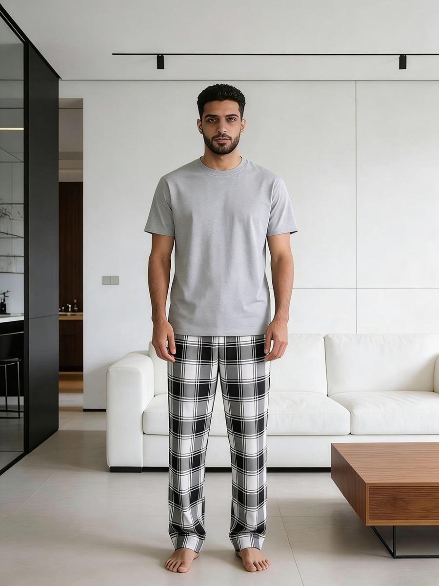 Men Grey T-Shirt and Checkered Pyjama Set