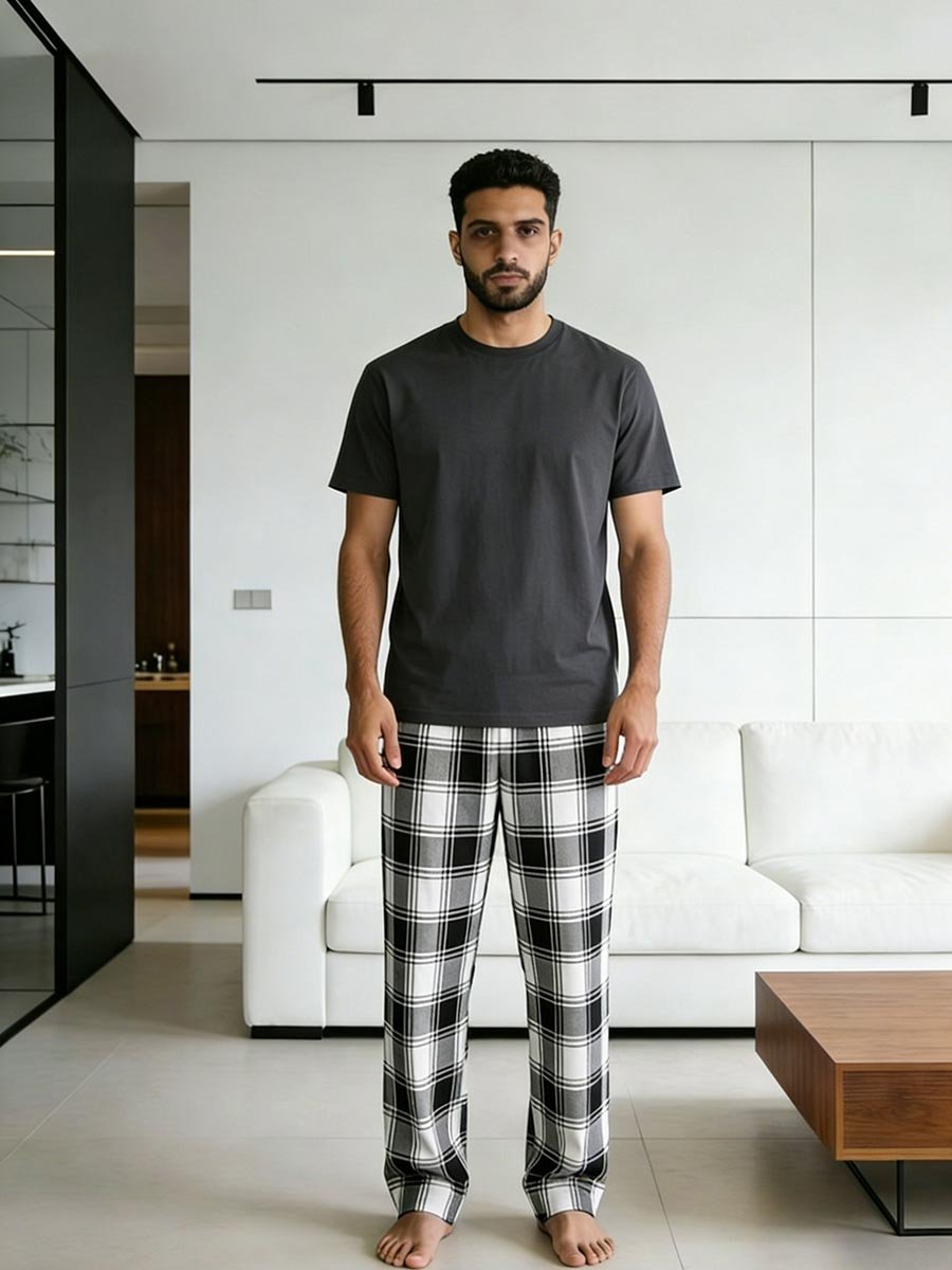 Men Charcoal T-Shirt and Plaid Pyjama Set 
